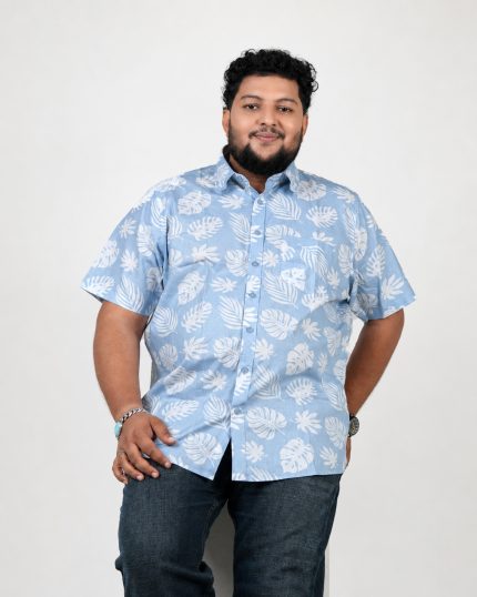 Tropical Leaf Print Half Sleeve Shirt – Sky Blue & White