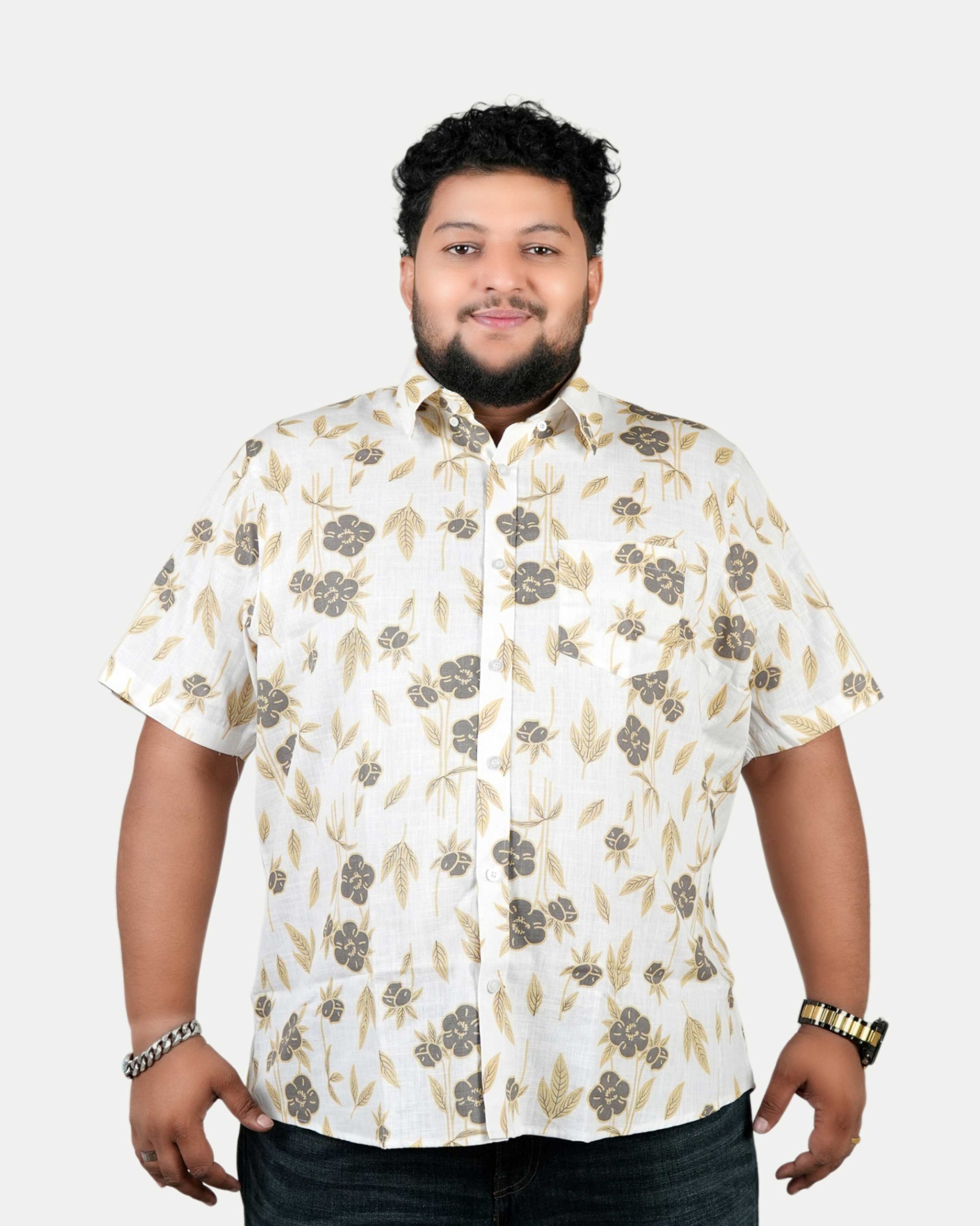 S113---Floral-Print-Half-Sleeve-Shirt-–-White,-Grey-&-Mustard Floral Print Half Sleeve Shirt – White, Grey & Mustard - Image 1